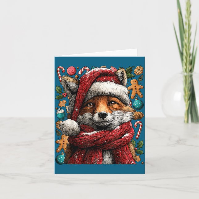 Cartão Festive Fox With Snow Santa Hat Winter Christmas A (Frente)