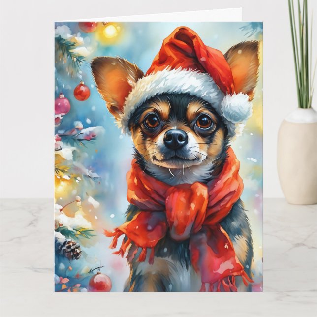Cartão Festivo Chihuahua em uma Aquarela Santa Hat (Frente)