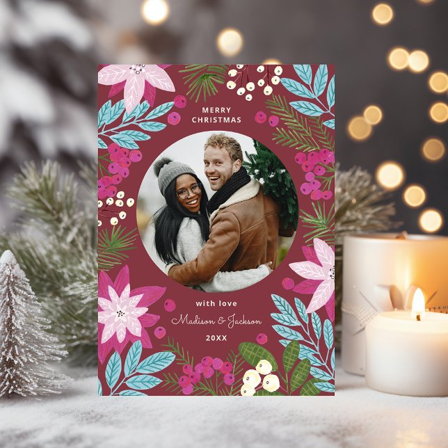 Cartão Festivo de Natal Burgundy (Festive Bright Burgundy Christmas Holiday Card)