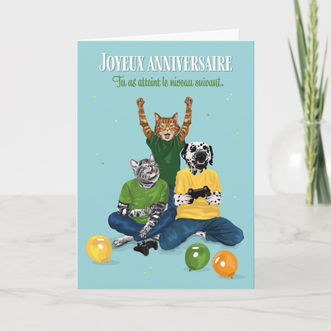 Cartão Fête d'anniversaire jeu vidéo Dalmatiens e chats (Frente)