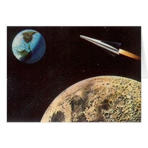 Cartão Ficção científica retrô, nave espacial sobre a lua