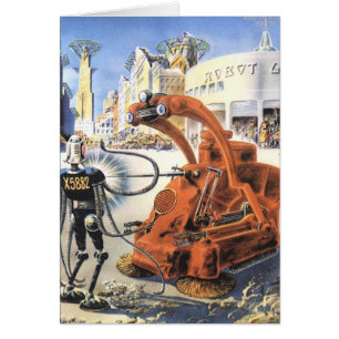 Cartão Ficção científica vintage Cidade futurista Guerras