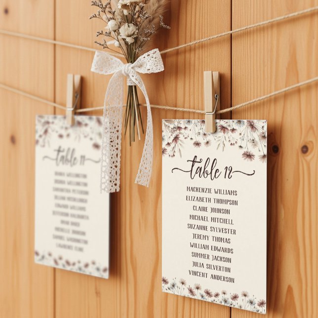 Cartão Ficha de Gráfico de Casamento Rustic Boho Wildflow (Display Suggestion)