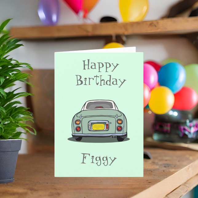 Cartão Figuras Green Figaro Motor Car Aniversário (Happy Birthday to your Emerald Green Figaro! Send them this card. They'll love you even more!)