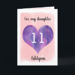 Cartão Filha de aniversário de 11 de de aquarela rosa e r<br><div class="desc">Uma placa filha personalizada de aniversário de 11, rosa e roxo, que apresenta um coração de aquarela contra uma cor-de-água rosa. Você pode personalizar o coração aquarela com a idade que você precisa e adicionar o nome dela embaixo do coração. A mensagem de dentro do cartão lê uma mensagem de...</div>