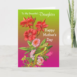 Cartão Filha/Dia de as mães feliz - Floral e papagaio