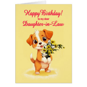 Cartão Filha em Direito Aniversário Cachorro e Flores