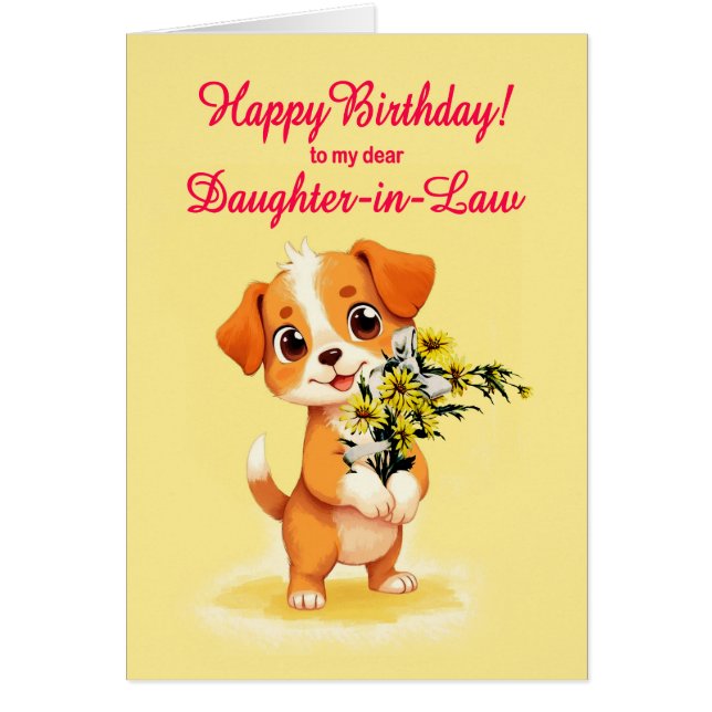 Cartão Filha em Direito Aniversário Cachorro e Flores (Frente)