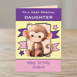 Cartão Filha especial macaco crianças roxo aniversário