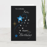 Cartão Filho 26º Aniversário Estrela Azul e Preta Inspira<br><div class="desc">Este cartão preto que apresenta uma variedade de estrelas coloridas seria a carta perfeita para dar a um filho especial,  uma vez que comemora seu 26º aniversário. Uma mensagem de dentro inspiração vem junto com este cartão.</div>