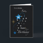 Cartão Filho 26º Aniversário Estrela Azul e Preta Inspira<br><div class="desc">Este cartão preto que apresenta uma variedade de estrelas coloridas seria a carta perfeita para dar a um filho especial,  uma vez que comemora seu 26º aniversário. Uma mensagem de dentro inspiração vem junto com este cartão.</div>