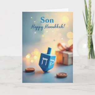 Cartão Filho Feliz Hanukkah Dreidel com Luz Suave e Brilh
