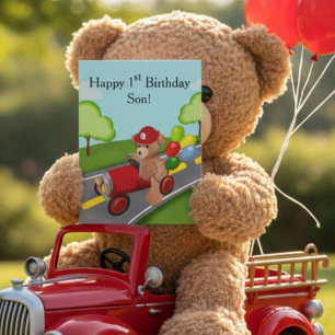 Cartão Filho Feliz primeiro aniversario Teddy Bear em Fir