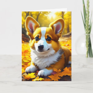 Cartão Filhote de Corgi Brincando nas Folhas de Outono