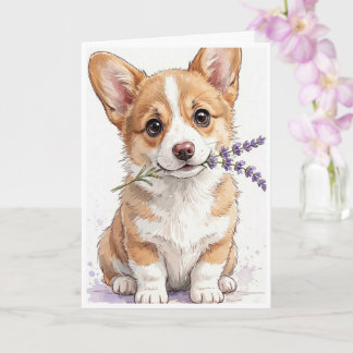Cartão Filhote de Corgi com um ramo de lavanda