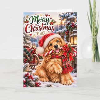 Cartão Filhote de Retriever Dourado Fofo Natal Feliz