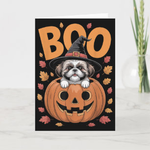 Cartão Filhote de Shih Tzu Fantasiado em Abóbora no Hallo