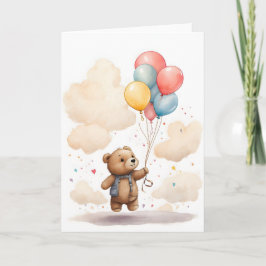 Cartão Filhote de Urso Cute em Aquarela Flutuando no Ar e
