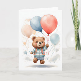 Cartão Filhote de Urso Cute em Aquarela Flutuando no Ar e