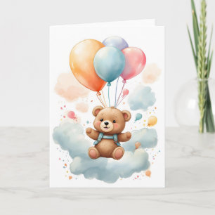 Cartão Filhote de urso em aquarela fofa flutuando no ar e