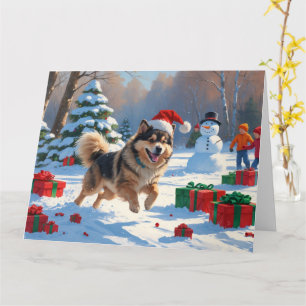 Cartão Finnish Lapphund Correndo na Neve com Chapéu de Na