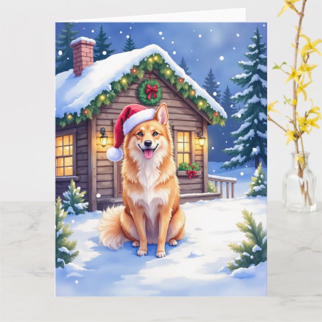 Cartão Finnish Spitz Snowy Cabin Santa Hat Christmas Art (Flor Amarela)