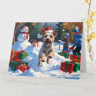 Cartão Fio Fox Terrier nevando com chapéu de Natal