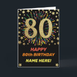 Cartão Fireworks 80 Birthday Colorful Rainbow Dourado<br><div class="desc">Diversão,  alegre e colorida do cartão de aniversário de design. 
Fogos de artifício em cores brilhantes do arco-íris. Um grande número de ouro falso em preto. 
Pegue este cartão alegre para celebrar seu amigo ou família!</div>