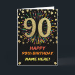 Cartão Fireworks 90 Birthday Colorful Rainbow Dourado<br><div class="desc">Diversão,  alegre e colorida do cartão de aniversário de design. 
Fogos de artifício em cores brilhantes do arco-íris. Um grande número de ouro falso em preto. 
Pegue este cartão alegre para celebrar seu amigo ou família!</div>