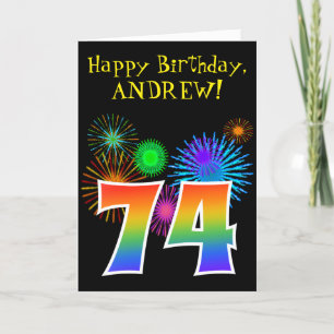 Cartão Fireworks divertido + Rainbow Pattern "74" Anivers