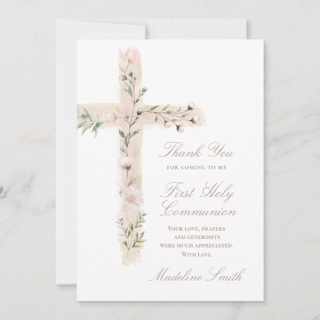 Cartão First Communion floral cross thank you (Frente)