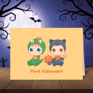 Cartão First Halloween Babies Black Cat Dragon Costume