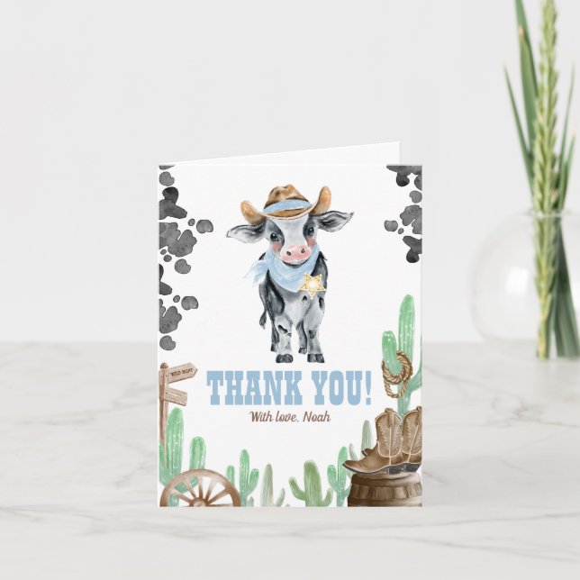 Cartão First Rodeo 1st Birthday Baby Cow Thank You (Frente)