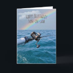 Cartão Fishing Reel and Rainbow Birthday<br><div class="desc">Salmon fishing reel over blue water with rainbow for Son-in-law birthday.
Text can be edited or deleted.</div>