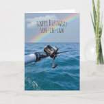 Cartão Fishing Reel and Rainbow Birthday<br><div class="desc">Salmon fishing reel over blue water with rainbow for Son-in-law birthday.
Text can be edited or deleted.</div>