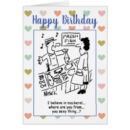 Cartão Fishmonger canta para um cliente. Música de chocol