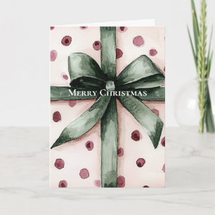 Cartão Fita e Arco verdes de pontos cor-de-rosa Natal