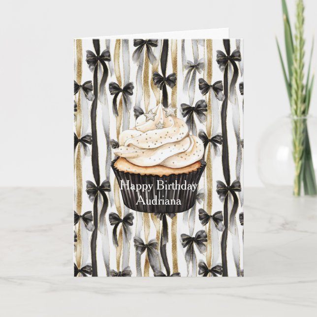 Cartão Fitas Prateadas e Douradas Glamurosas Aniversário (Frente)