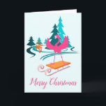 Cartão Flamingo Christmas Winter Wonderland<br><div class="desc">Flamingo's Fabuloso natal da Wonderland de inverno Cartão de Cartões de natal engraçado. Um flamingo bonito a vaguear por uma cena de inverno coberta de neve com uma rena que dança! Perfeito para amantes flamingos enviando cumprimentos sazonais da Flórida e praias de todos os lugares.</div>