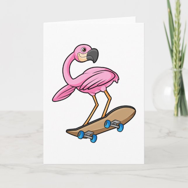 Cartão Flamingo como skater com skate (Frente)