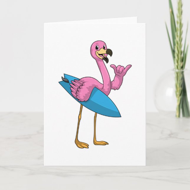 Cartão Flamingo como Surfista com Prancha de Surfe (Frente)