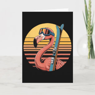 Cartão Flamingo de Esqui com Óculos Retro Pôr do Sol Alpi