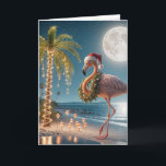 Cartão Flamingo de Natal Vestindo um Chapéu Santa<br><div class="desc">Um flamingo festivo vestindo um chapéu e coroa de Papai Noel fica em uma praia tropical debaixo de uma lua de cheio Todo texto pode ser mudado.</div>