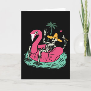 Cartão Flamingo Esqueleto Flutuar Férias Praia Bebida Ret