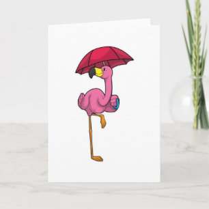 Cartão Flamingo na chuva com guarda-chuva