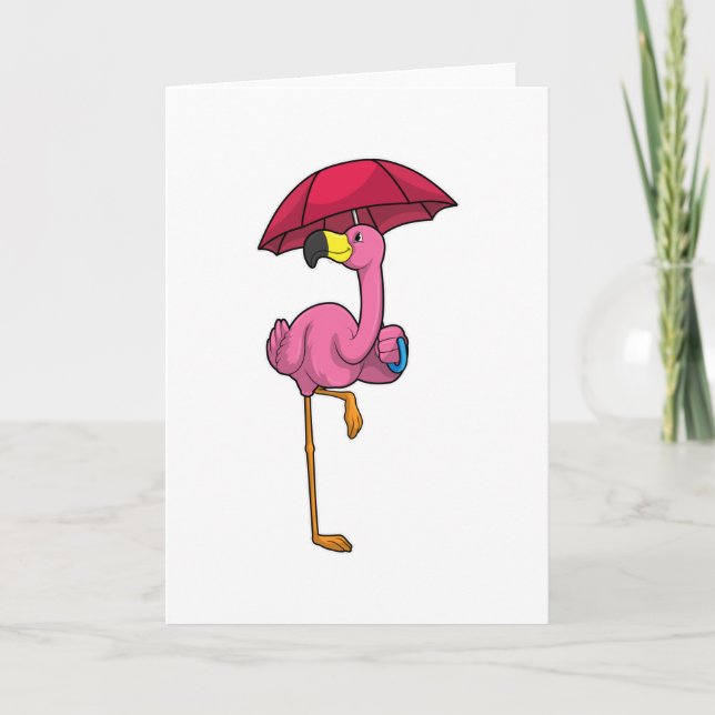 Cartão Flamingo na chuva com guarda-chuva (Frente)