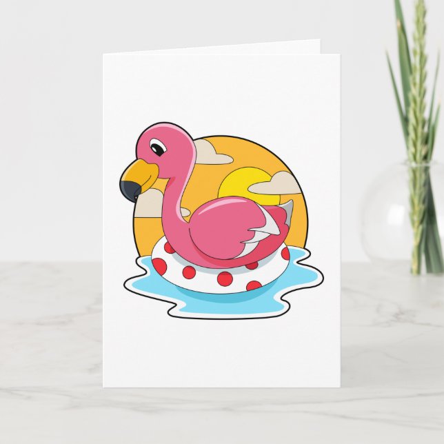 Cartão Flamingo na Natação com Boia de Salvamento (Frente)
