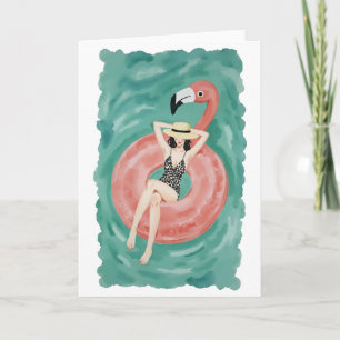 Cartão Flamingo Piscina Floatie Watercolor