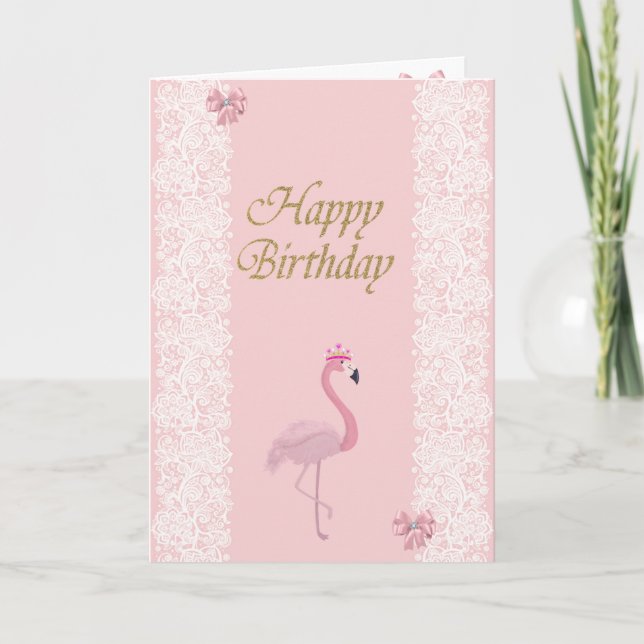 Cartão Flamingo Rosa Adorável,Tiara,Renda,Laço (Frente)
