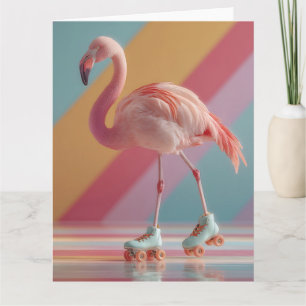 Cartão Flamingo Rosa Caprichoso em Patins de Rodas